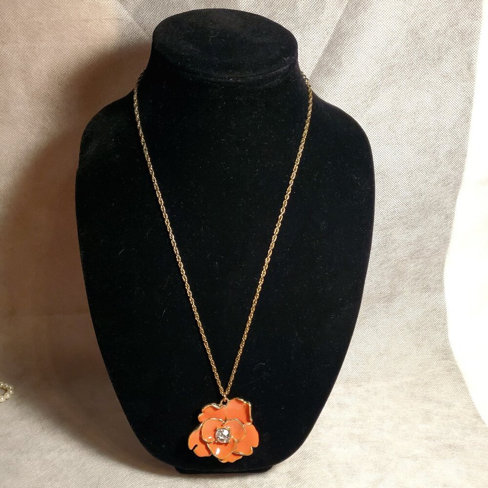 Vintage Long Gold & Orange Flower Pendant Necklace